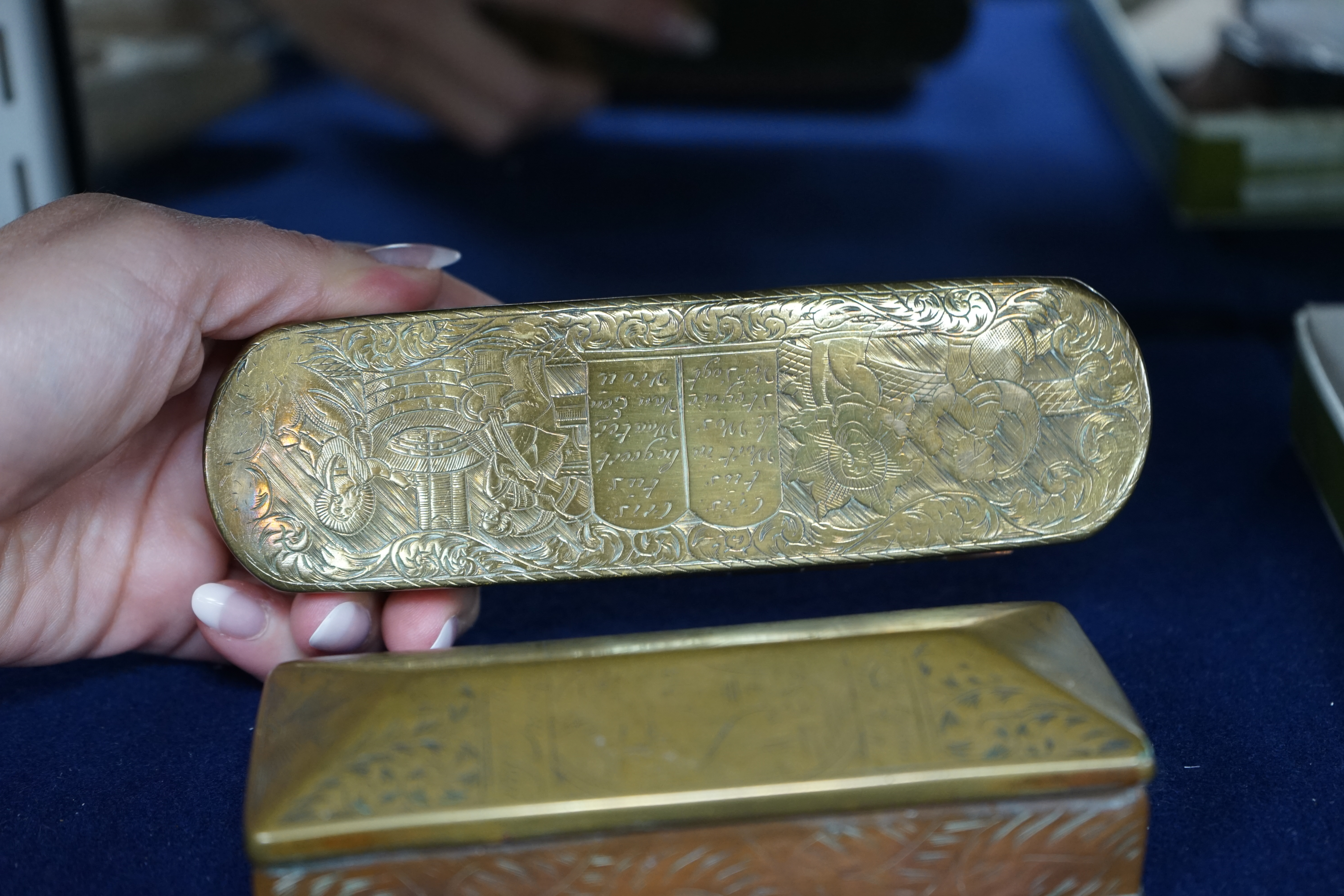 Two 18th century Dutch brass and copper tobacco boxes, longest 15.5cm. Condition - fair